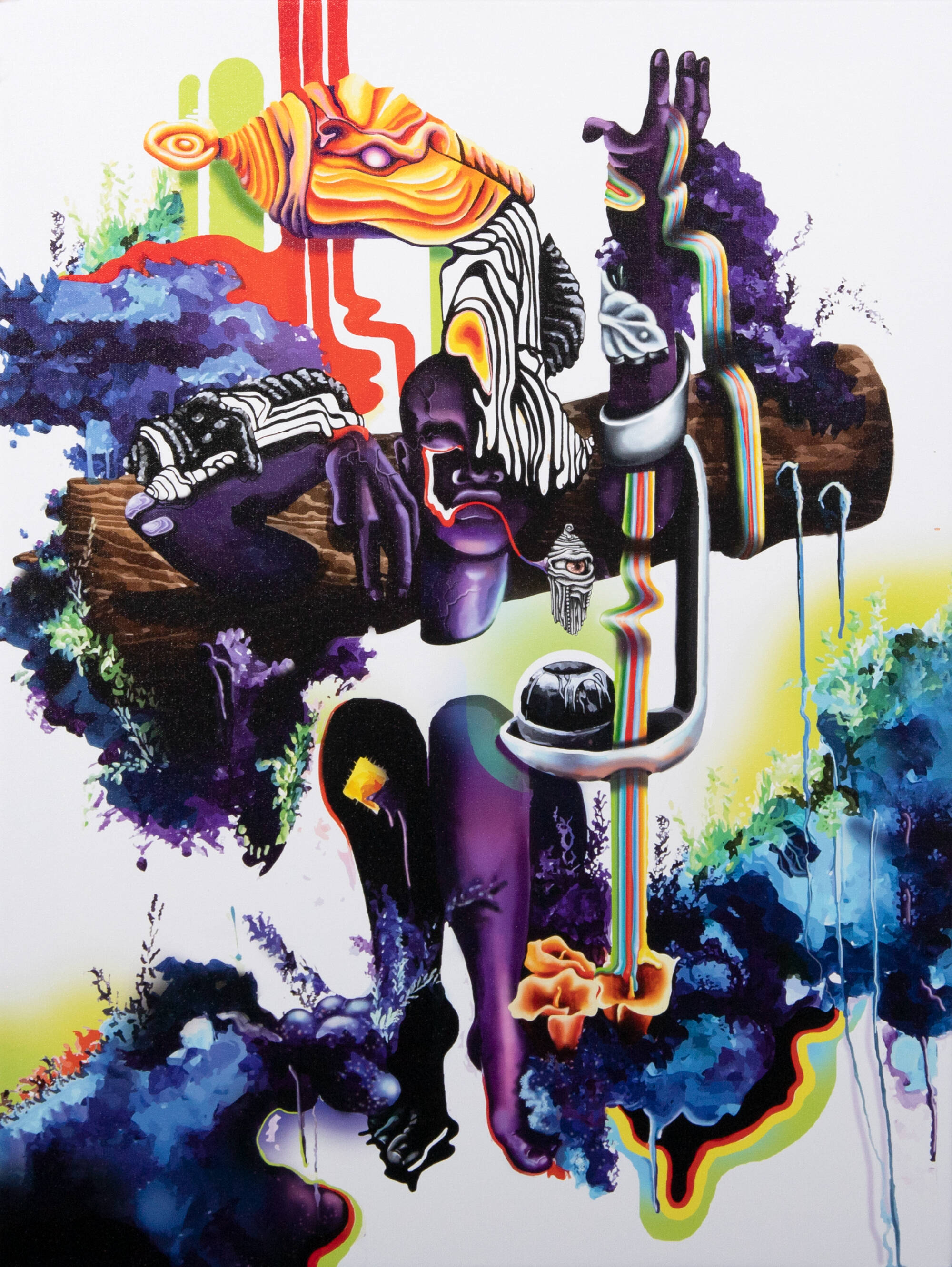 A digital painting that features parts of the body in purple, blue, orange, red, and green. The right side of the image has many elements that appear to be dripping down it.